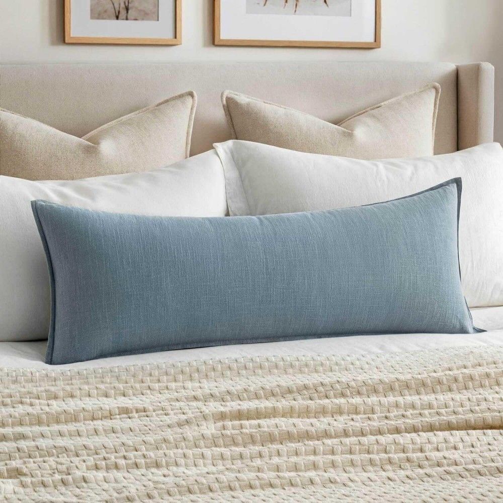Boho Farmhouse Decorative Long Body Lumbar Throw Pillow Cover Blue Grey 36x14-inch