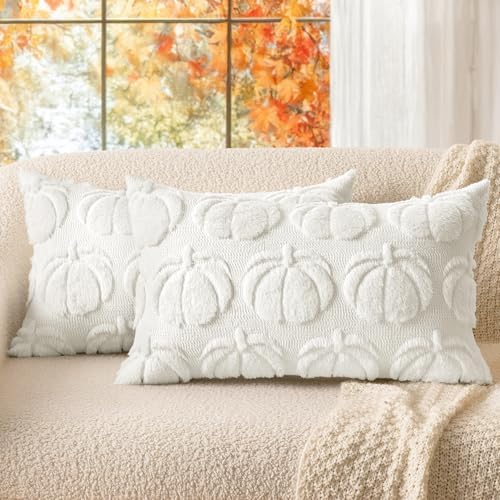 MIULEE Fall Throw Pillow Covers 12x20 Set of 2 Autumn Decorations Dark Rust Pumpkin Accent Lumbar Pillowcase for Sofa Couch Porch Bed Living Room Soft Plush Faux Fur Halloween Farmhouse Home Decor