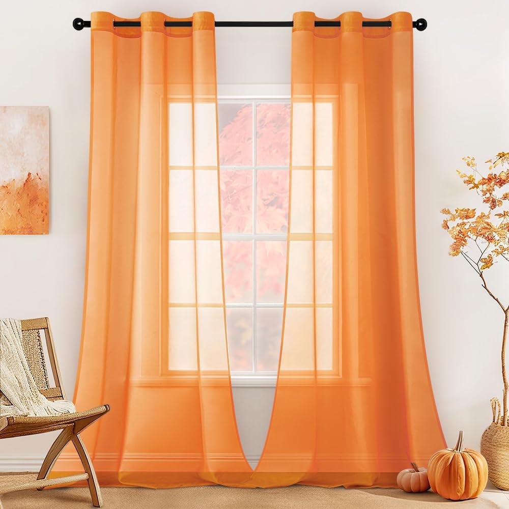MIULEE Solid Color Fall Elegant Lightweight Grommet Sheer Curtains Orange 42Wx96L