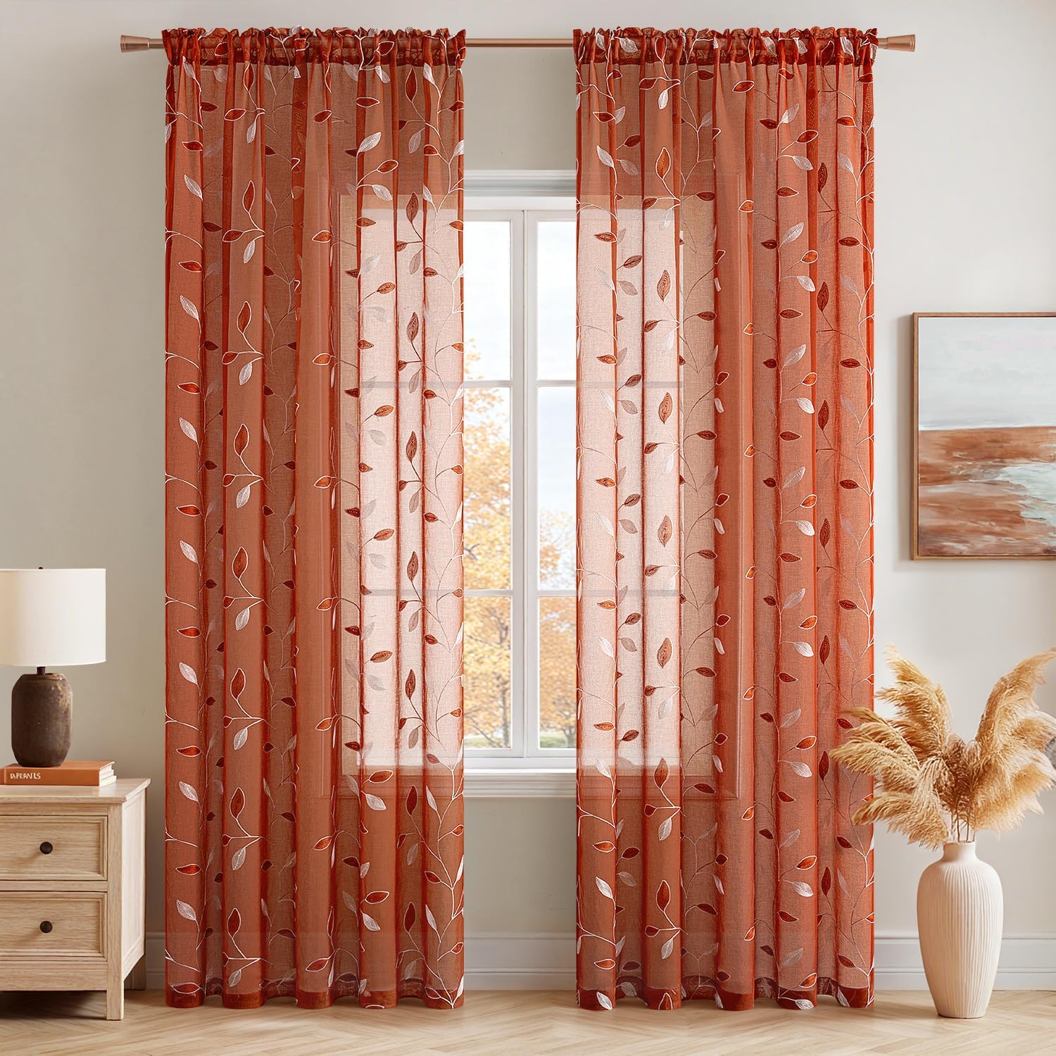 MIULEE Embroidered Leaf Patterned Rod Pocket Floral Semi Sheer Faux Linen Curtains Terracotta 52Wx96L