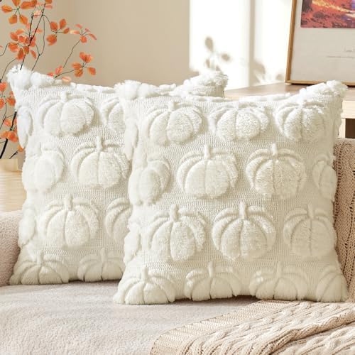 MIULEE Fall Throw Pillow Covers 26x26 Set of 2 Autumn Decorations Orange Pumpkin Accent Pillowcase for Sofa Couch Porch Bed Living Room Soft Plush Faux Fur Halloween Farmhouse Home Decor
