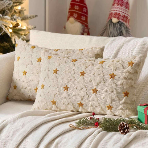 Christmas Tree Plush Faux Fur Pillow Covers Beige 20x12-inch