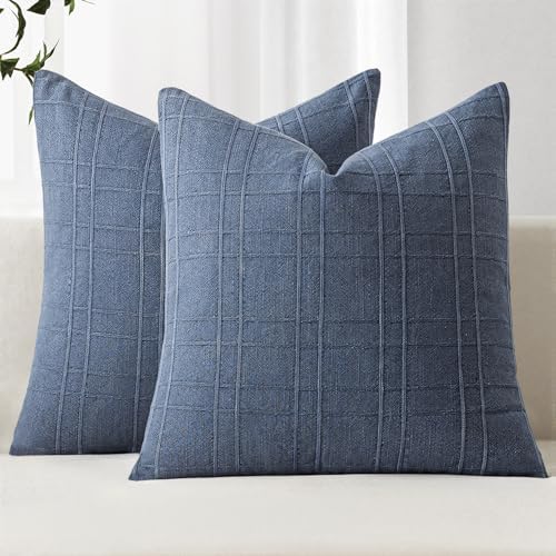 MIULEE Decorative Linen Check Euro Shams Throw Pillow Covers Neutral Farmhouse Vintage Pillow Covers 24x24 Inch Set of 2 Boho Modern Home Decor for Sofa Couch Bedroom Cushion Chair Blue