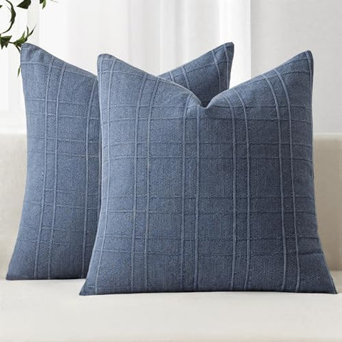 MIULEE Decorative Linen Check Euro Shams Throw Pillow Covers Neutral Farmhouse Vintage Pillow Covers 24x24 Inch Set of 2 Boho Modern Home Decor for Sofa Couch Bedroom Cushion Chair Blue