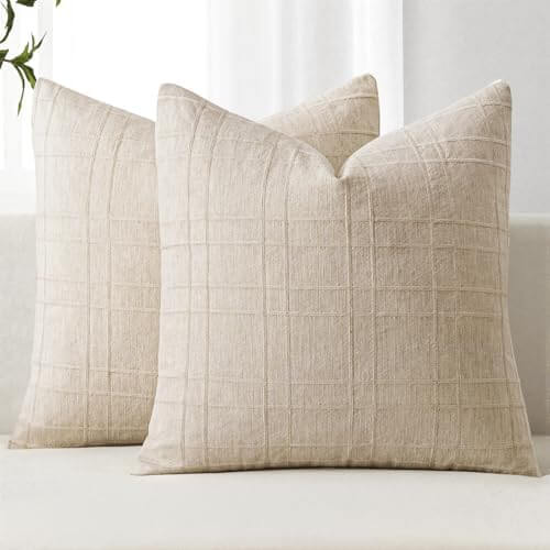 MIULEE Decorative Linen Check Euro Shams Throw Pillow Covers Neutral Farmhouse Vintage Pillow Covers 24x24 Inch Set of 2 Boho Modern Home Decor for Sofa Couch Bedroom Cushion Chair Natural Beige