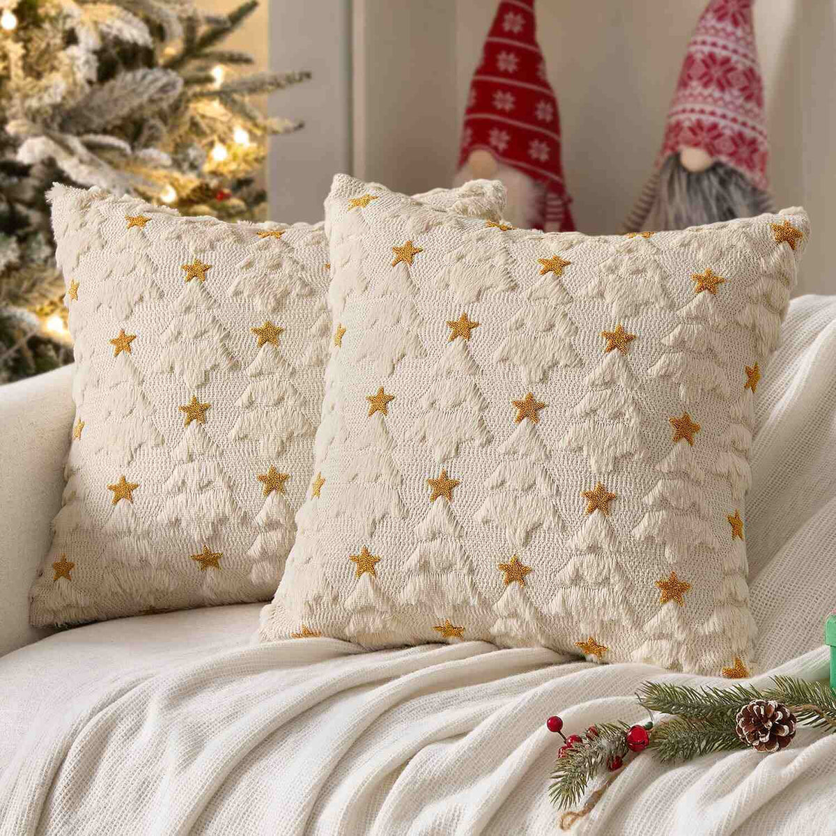 Christmas Tree Plush Faux Fur Pillow Covers Beige 20x20-inch