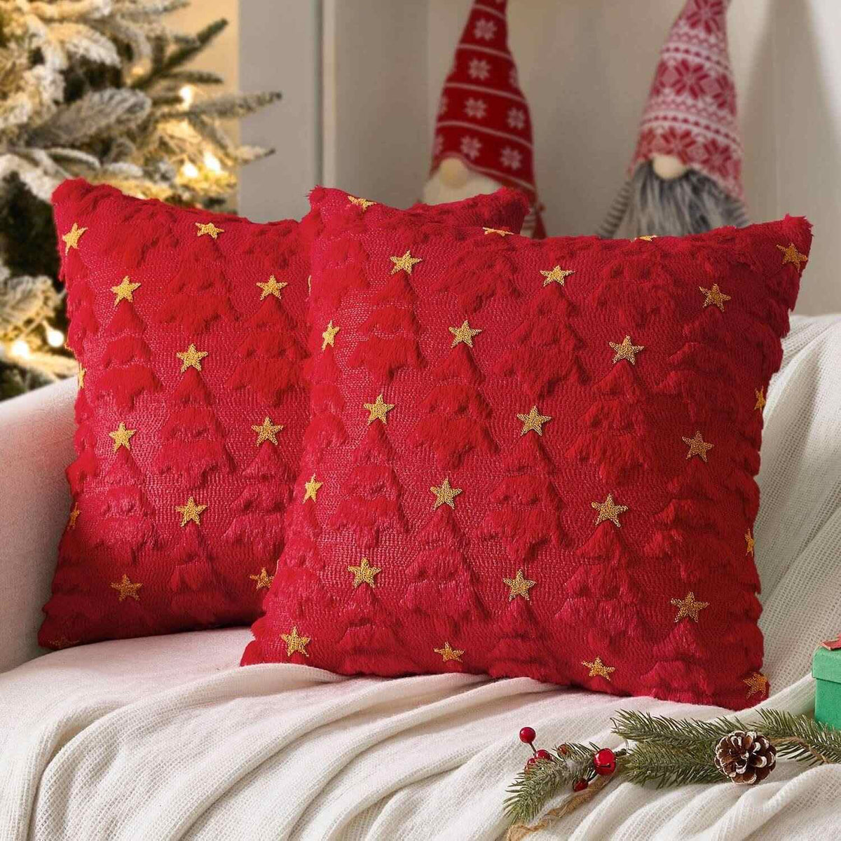 Christmas Tree Plush Faux Fur Pillow Covers Red 18x18-inch