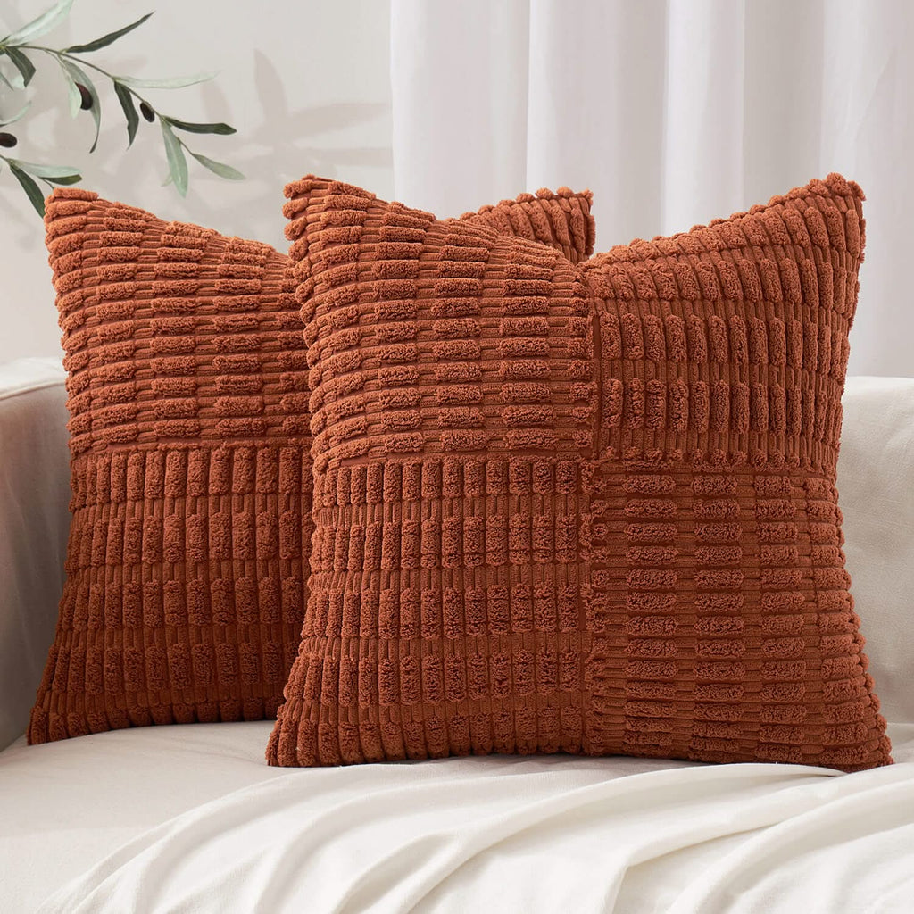 MIULEE Fall Dark Rust Corduroy Pillow Covers Pack of 2 Boho Decorative Spliced Throw Pillow Covers Soft Solid Couch Pillowcases Patchwork Textured Cushion Covers for Living Room Sofa 20x20 inch