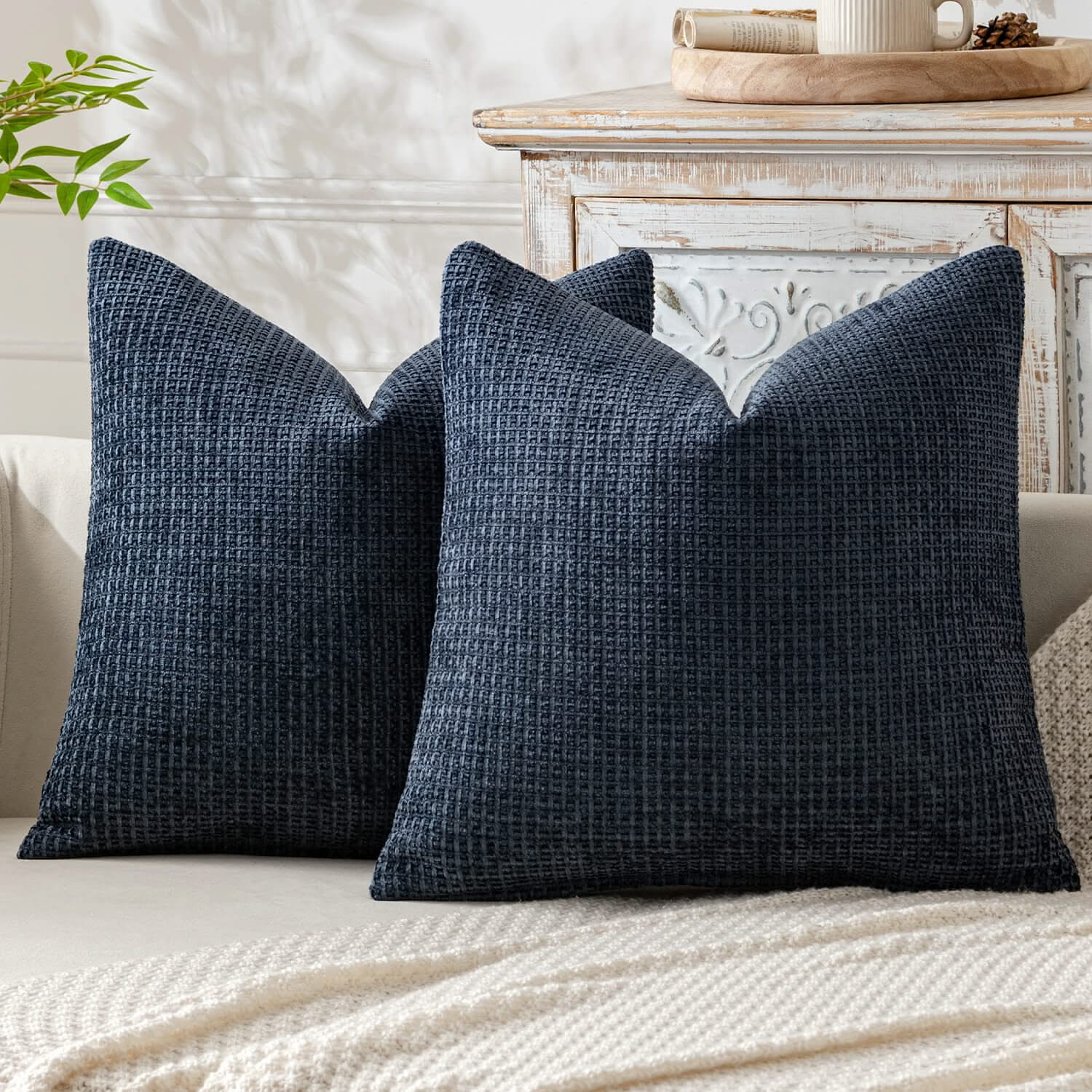 MIULEE Pack of 2 Navy Blue Decorative Pillow Covers 18x18 Inch Soft Chenille Couch Throw Pillows Farmhouse Cushion Covers for Home Decor Sofa Bedroom Living Room