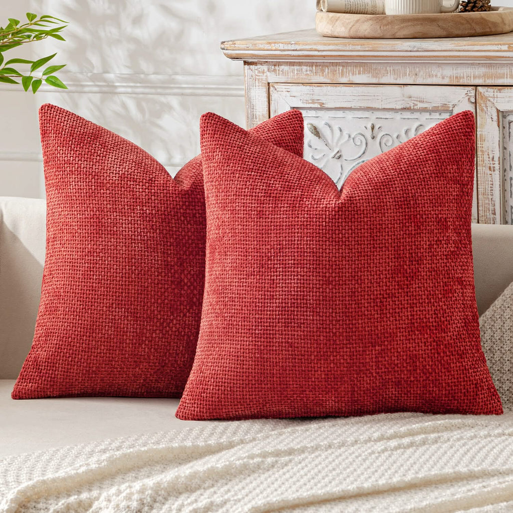 MIULEE Pack of 2 Christmas Red Decorative Pillow Covers 18x18 Inch Soft Chenille Couch Throw Pillows Farmhouse Cushion Covers for Home Decor Sofa Bedroom Living Room