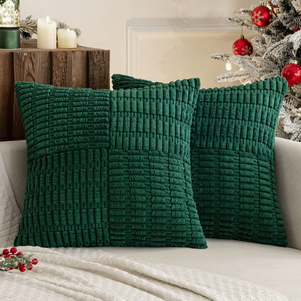 MIULEE Christmas Dark Green Corduroy Pillow Covers Pack of 2 Boho Decorative Spliced Throw Pillow Covers Soft Solid Couch Pillowcases Patchwork Textured Cushion Covers for Living Room Sofa 18x18 inch