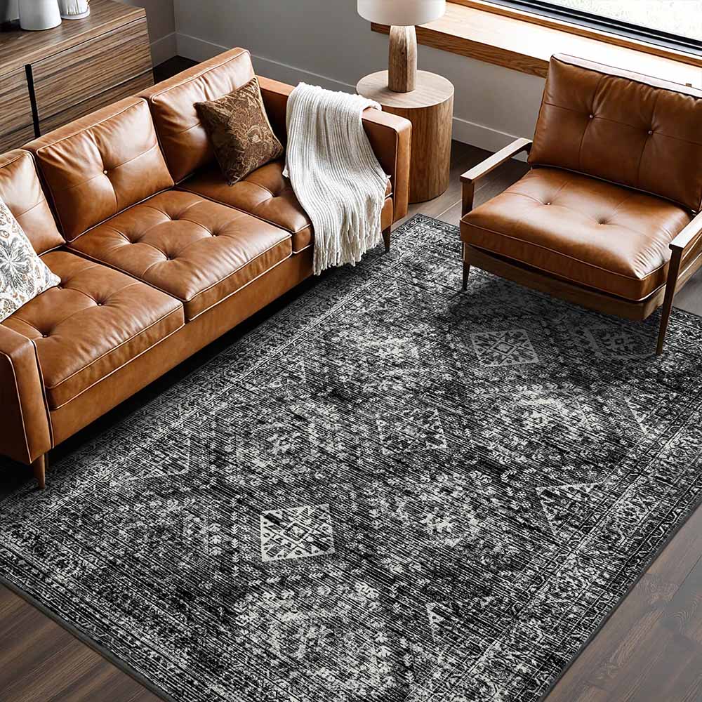MIULEE 6x9 Vintage Living Room Rug Washable Area Rugs Low Pile Floor Mat Black