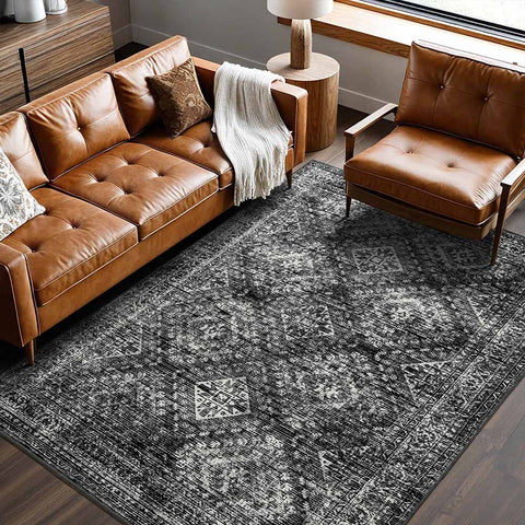 MIULEE 6x9 Vintage Living Room Rug Washable Area Rugs Low Pile Floor Mat Black