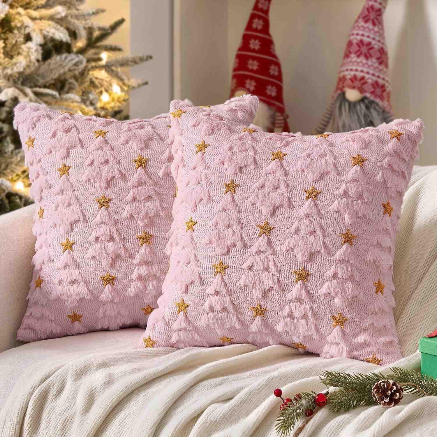 Christmas Tree Plush Faux Fur Pillow Covers Pink 18x18-inch