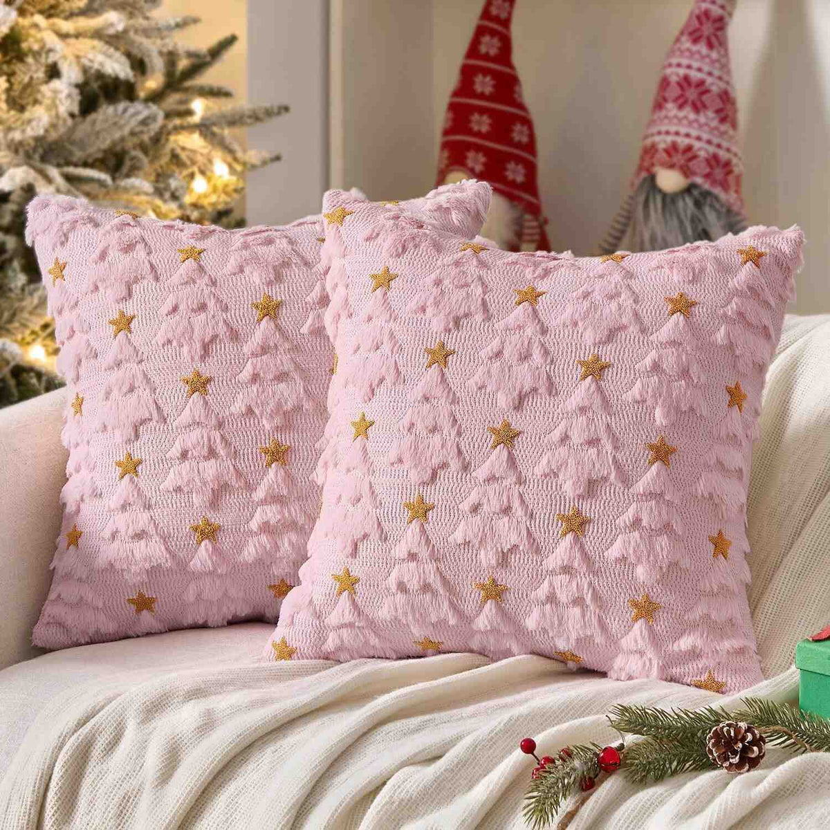 Christmas Tree Plush Faux Fur Pillow Covers Pink 18x18-inch