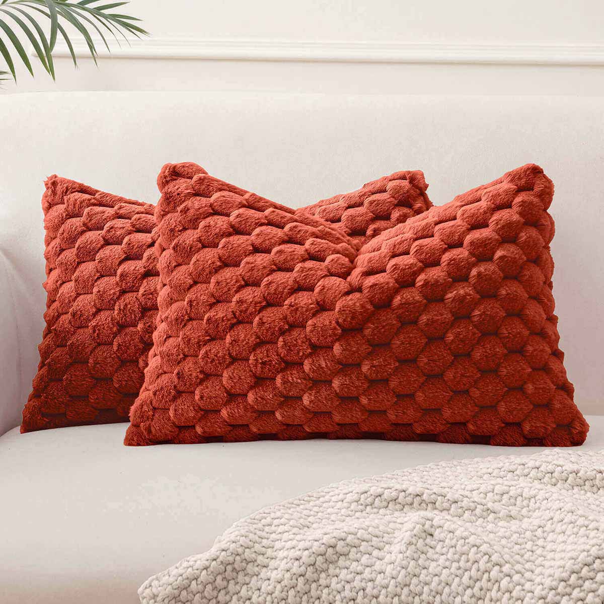 Soft Plush Faux Fur Decorative Throw Pillow Covers Rust 20x12-inch