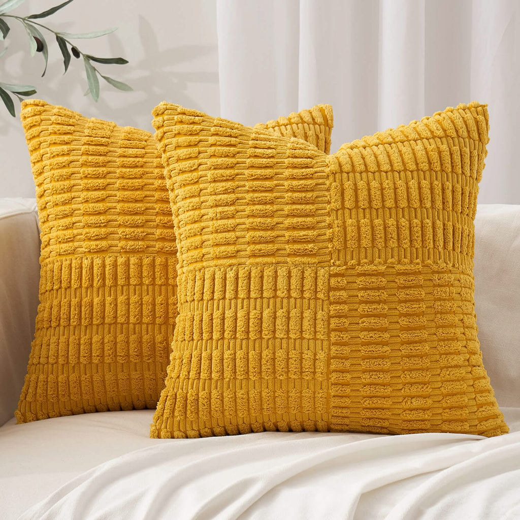 MIULEE Mustard Yellow Corduroy Pillow Covers Pack of 2 Boho Decorative Spliced Throw Pillow Covers Soft Solid Couch Pillowcases Patchwork Textured Cushion Covers for Living Room Sofa 18x18 inch