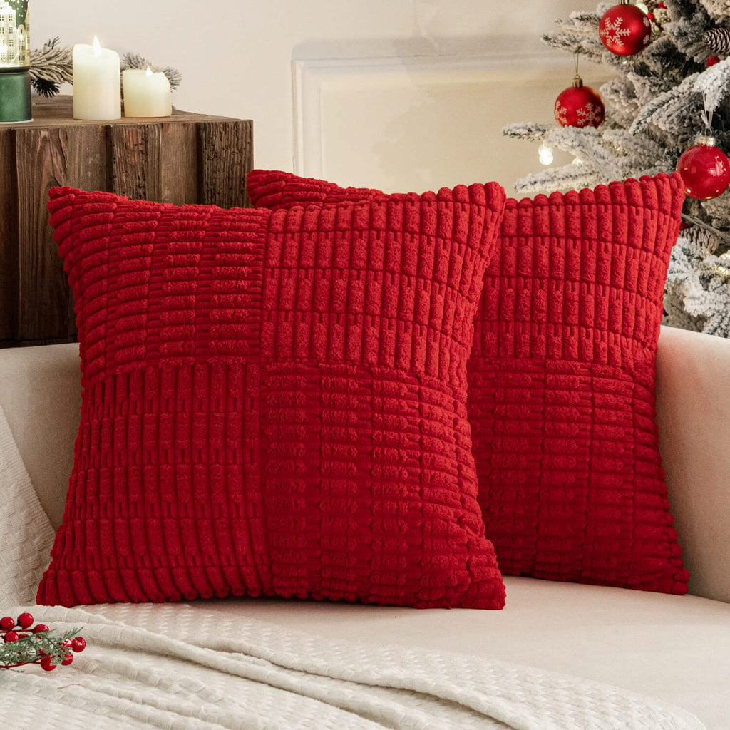 MIULEE Christmas Red Corduroy Pillow Covers Pack of 2 Boho Decorative Spliced Throw Pillow Covers Soft Solid Couch Pillowcases Patchwork Textured Cushion Covers for Living Room Sofa 20x20 inch