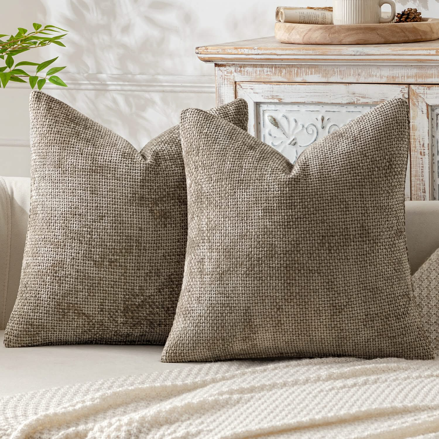 MIULEE Pack of 2 Khaki Decorative Pillow Covers 20x20 Inch Soft Chenille Couch Throw Pillows Farmhouse Cushion Covers for Home Decor Sofa Bedroom Living Room