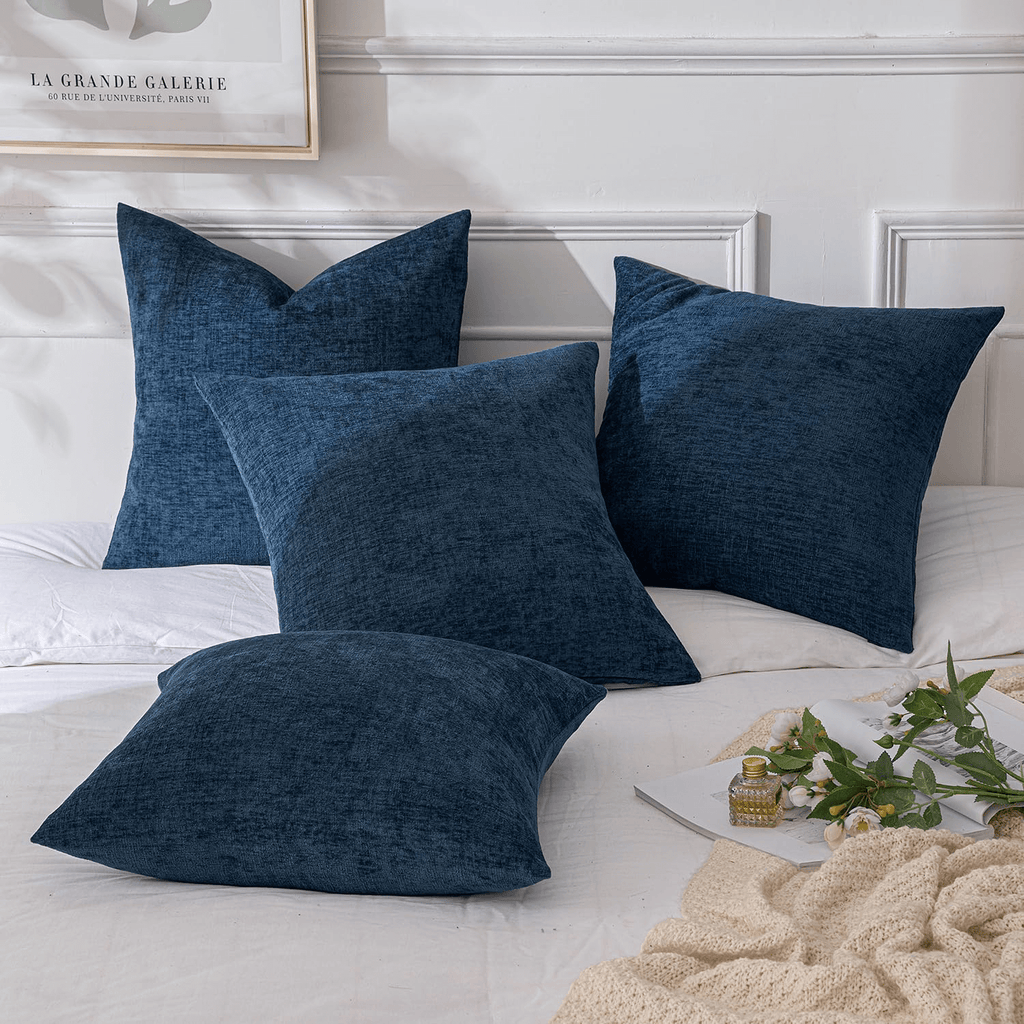 MIULEE Pack of 4 Blue Throw Pillow Covers 18x18 Inch Soft Chenille Couch Pillow Covers for Sofa Living Room Solid Dyed Pillow Cases