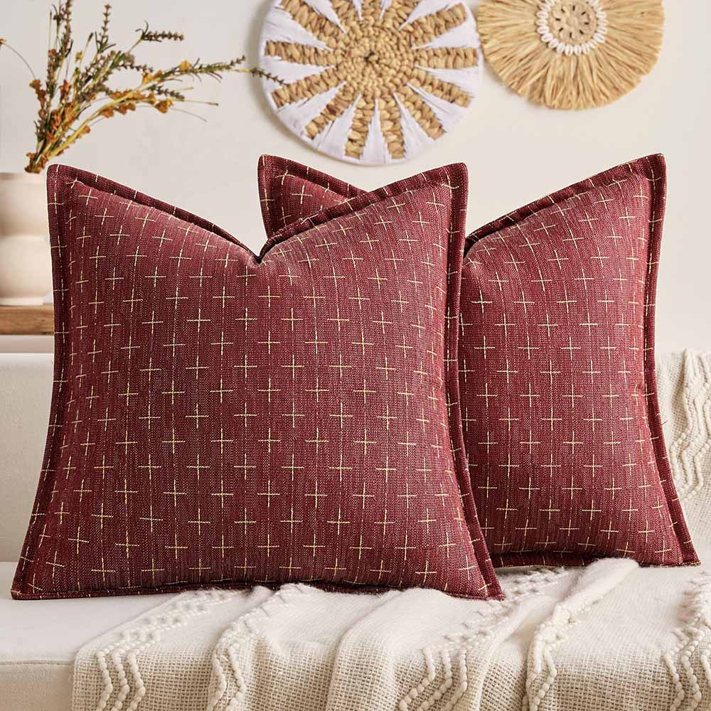Fall Decorative Farmhouse Burlap Linen Fall Throw Pillows Covers  Wine Red 18x18-inch