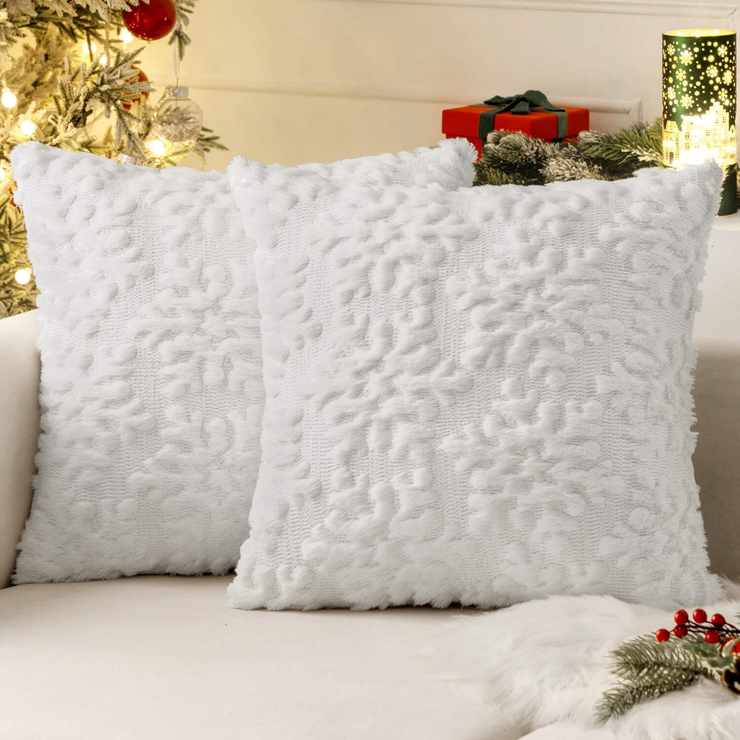 MIULEE Pure White Throw Pillow Covers Christmas Snowflakes Decorative Pillow Covers 18x18 Inch Soft Plush Faux Wool Pillow Covers Set of 2 Farmhouse Couch Pillows Home Decors for Sofa Livingroom Bed