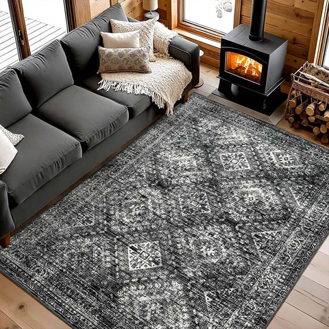 MIULEE 8x10 Vintage Washable Area Rugs Living Room Rug Low Pile Boho Farmhouse Floor Mat Black