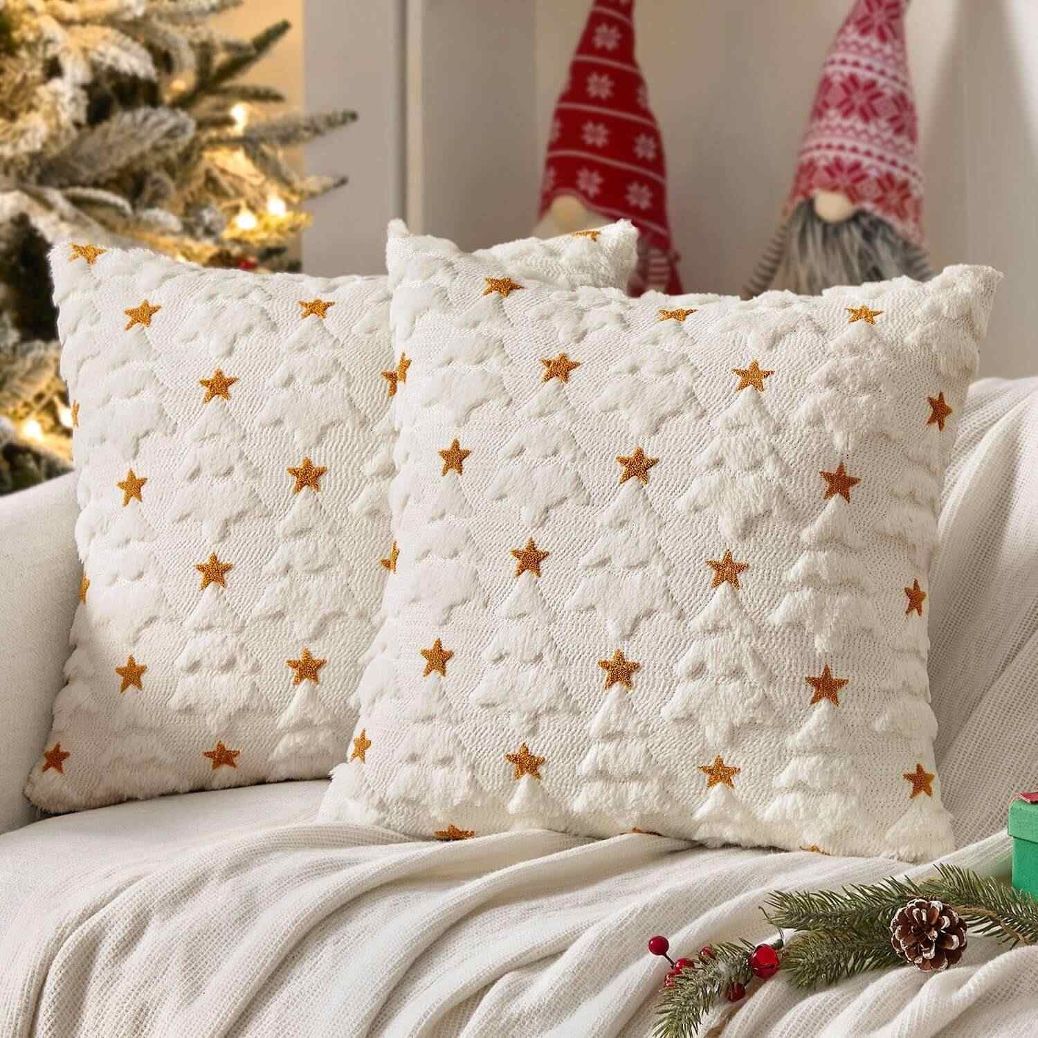 Christmas Tree Plush Faux Fur Pillow Covers Cream White 18x18-inch