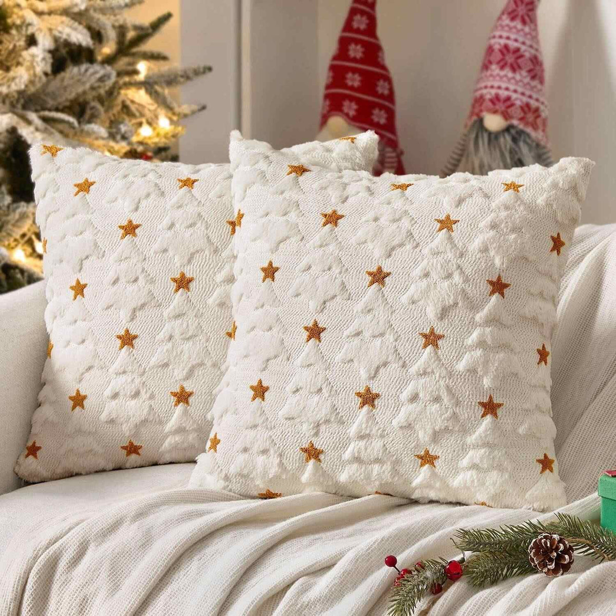 Christmas Tree Plush Faux Fur Pillow Covers Cream White 18x18-inch