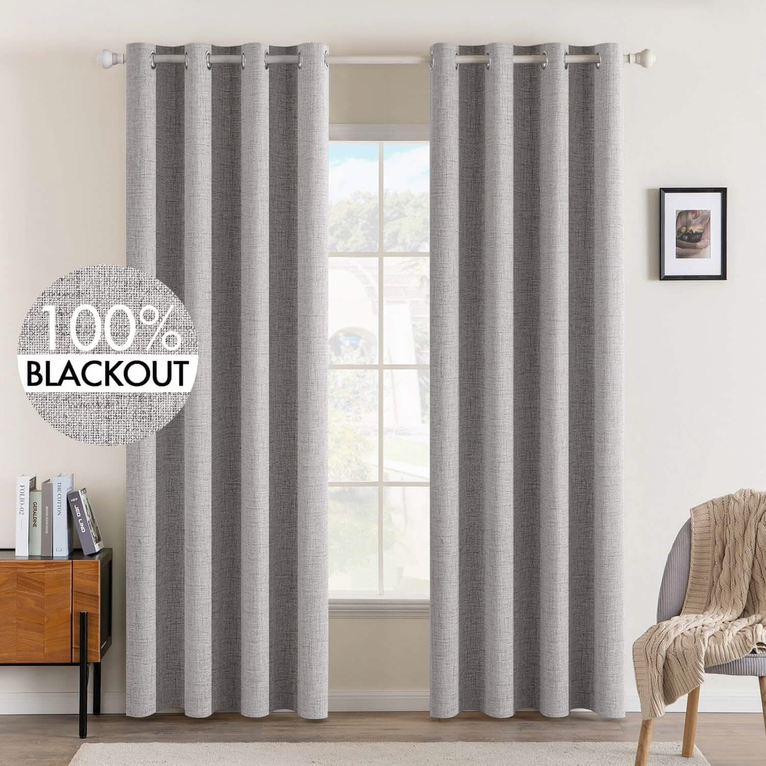 MIULEE Customized 100% Blackout Linen Textured Curtains (2 Panels)-Greyish White