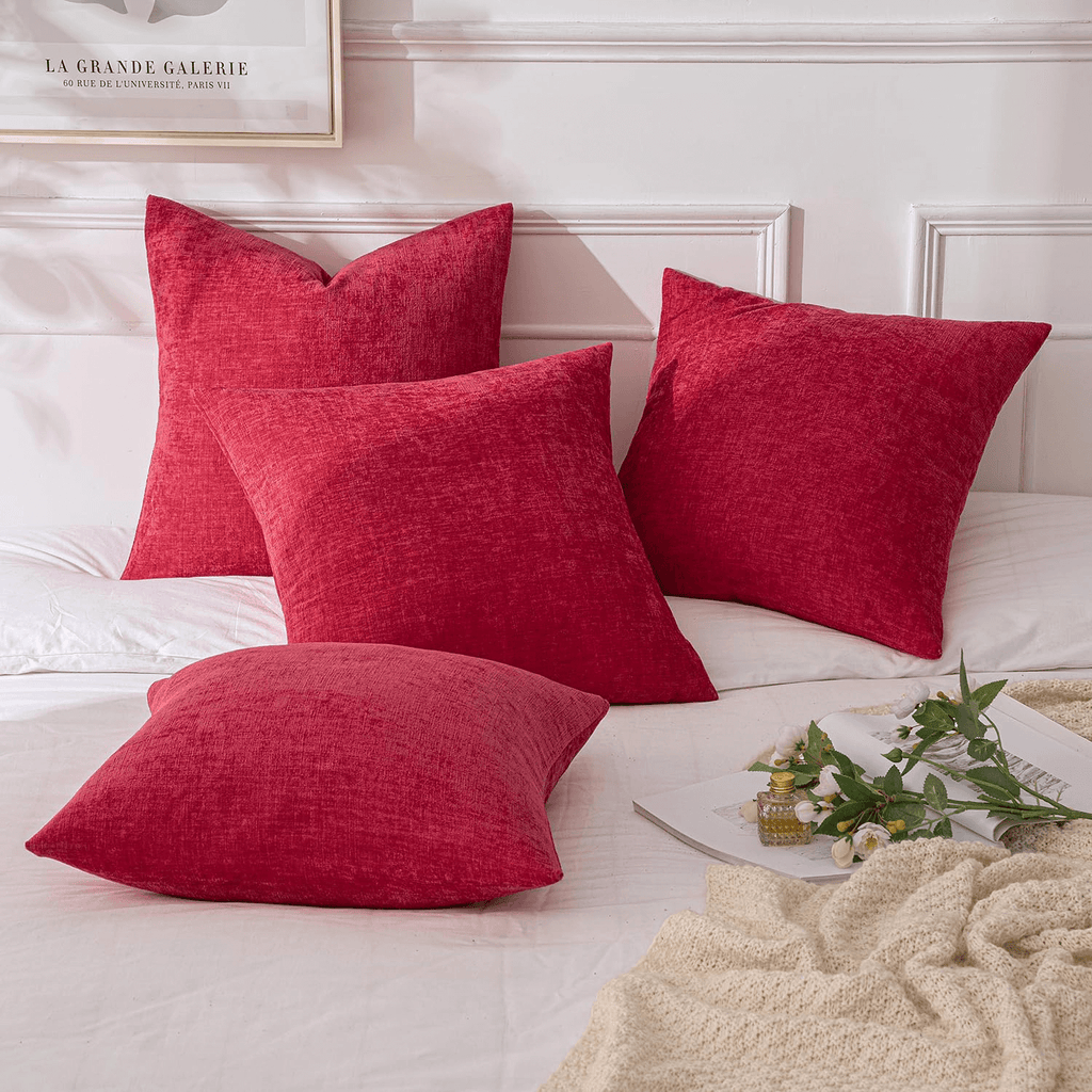 MIULEE Pack of 4 Christmas Red Throw Pillow Covers 18x18 Inch Soft Chenille Couch Pillow Covers for Sofa Living Room Solid Dyed Pillow Cases