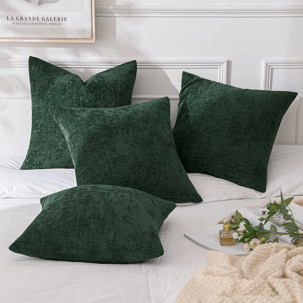 MIULEE Pack of 4 Christmas Dark Green Throw Pillow Covers 18x18 Inch Soft Chenille Couch Pillow Covers for Sofa Living Room Solid Dyed Pillow Cases