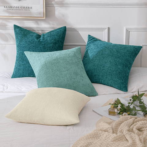 MIULEE Pack of 4 Throw Pillow Covers 18x18 Inch Soft Chenille Couch Pillow Covers for Sofa Living Room Solid Dyed Pillow Cases Teal Blue-White