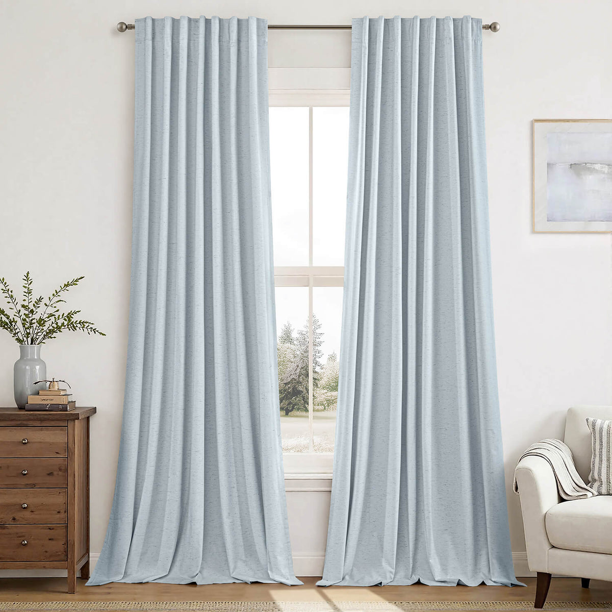 miulee linen full blackout curtains back tab pleat hook belt clip rings light blue 52Wx84L