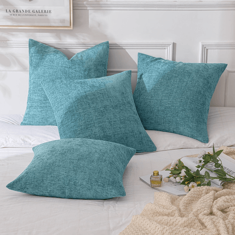 MIULEE Pack of 4 Throw Pillow Covers 18x18 Inch Soft Chenille Couch Pillow Covers for Sofa Living Room Solid Dyed Pillow Cases Blue Grey