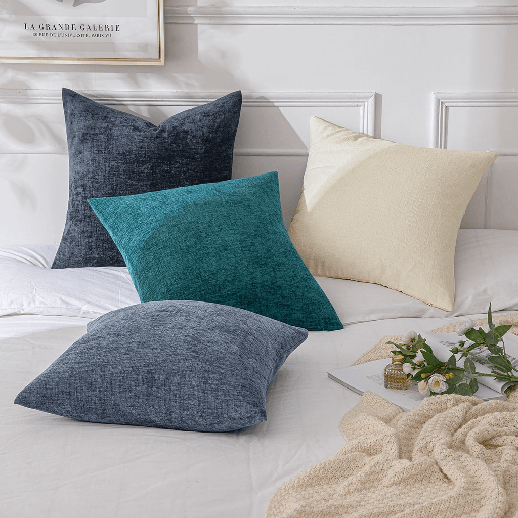 MIULEE Pack of 4 Throw Pillow Covers 18x18 Inch Soft Chenille Couch Pillow Covers for Sofa Living Room Solid Dyed Pillow Cases Navy Blue-White