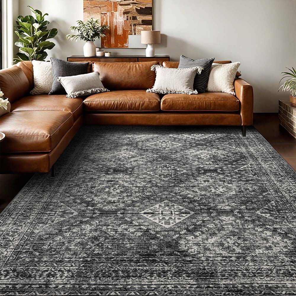 MIULEE 9x12 Vintage Washable Area Rugs Living Room Rug Low Pile Boho Farmhouse Floor Mat Black