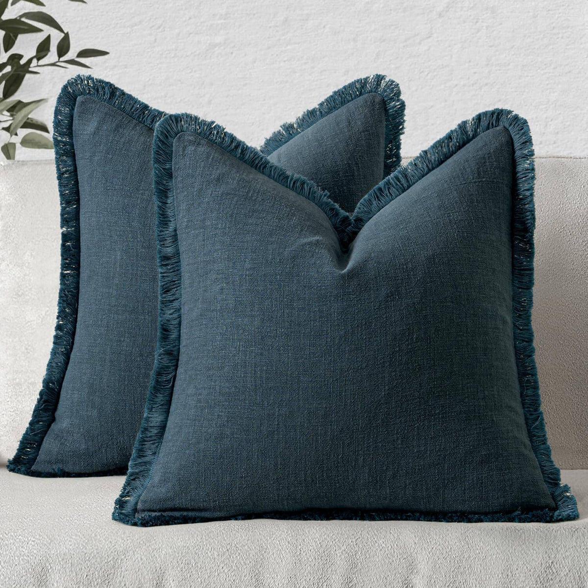 MIULEE Decorative Throw Pillow Covers Neutral Linen Fringe Throw Pillows Euro Shams Set of 2 Navy Blue Boho Farmhouse Cushion Covers for Couch Sofa Bed Living Room Spring Home Decor 26x26 Inch