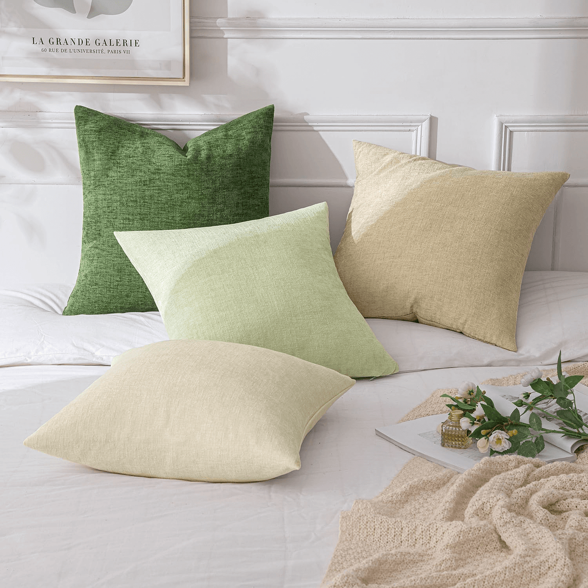 MIULEE Pack of 4 Throw Pillow Covers 18x18 Inch Soft Chenille Couch Pillow Covers for Sofa Living Room Solid Dyed Pillow Cases Green-Cream White