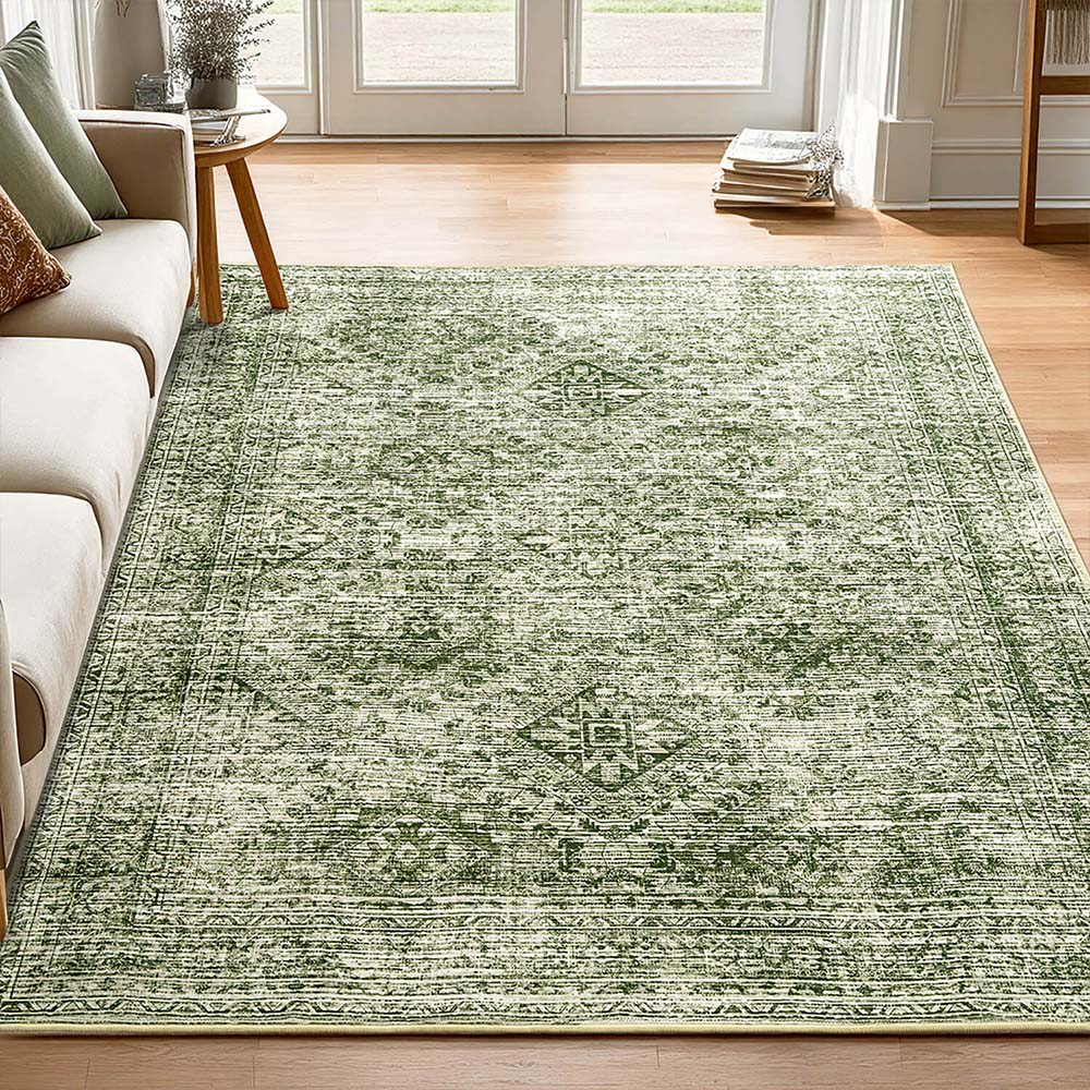 MIULEE 5x7 Vintage Living Room Rug Washable Area Rugs Low Pile Floor Mat Green