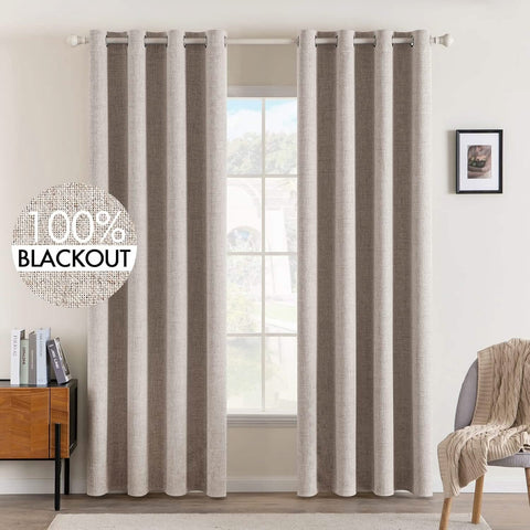 MIULEE 100% Blackout Linen Textured Curtains Nursery 52 x 84 Inch (2 Panels) | Khaki