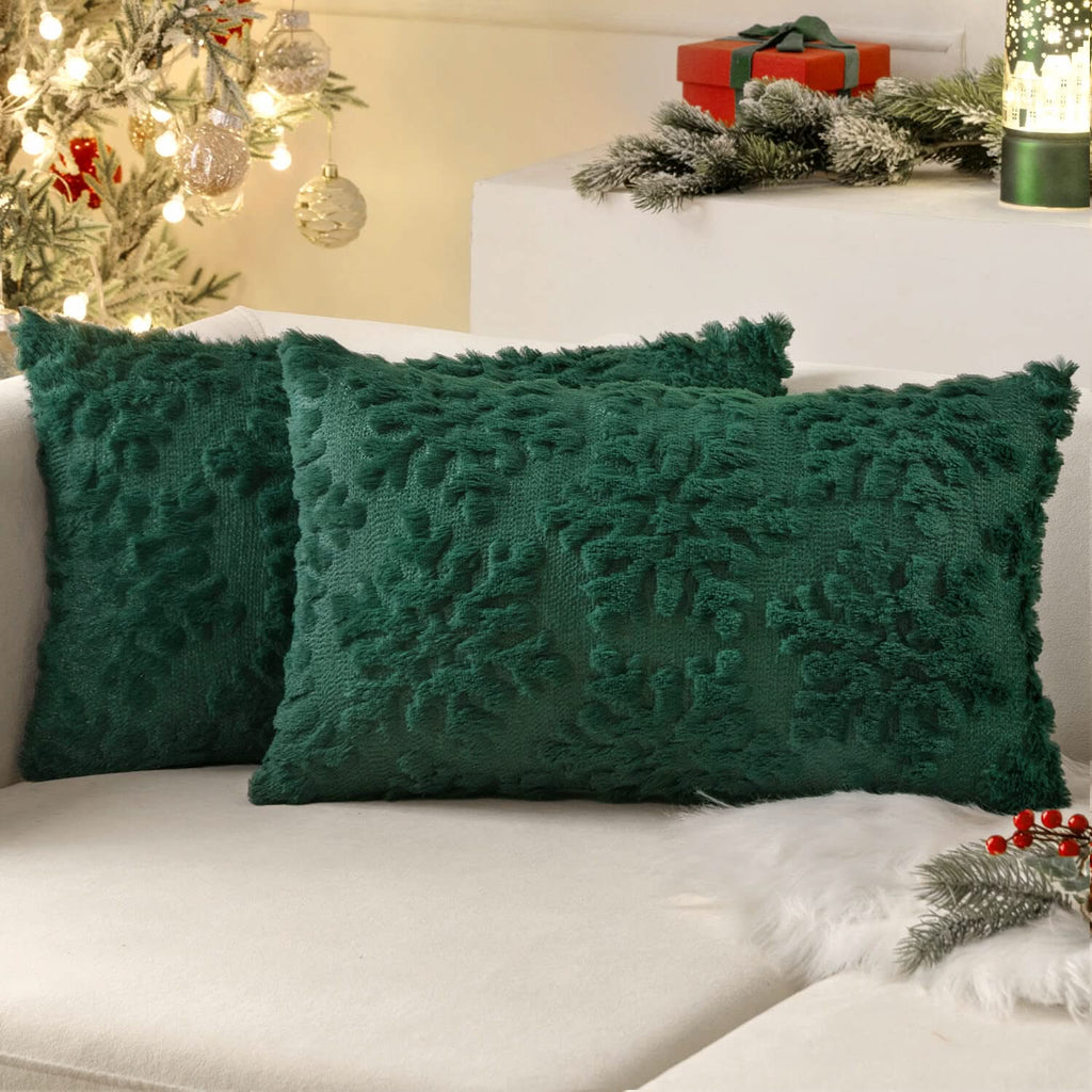 MIULEE Dark Green Throw Pillow Covers Christmas Snowflakes Decorative Pillow Covers 12x20 Inch Soft Plush Faux Wool Pillow Covers Set of 2 Farmhouse Couch Pillows Home Decors for Sofa Livingroom Bed