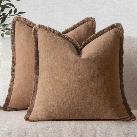 MIULEE Decorative Throw Pillow Covers Neutral Linen Fringe Throw Pillows Euro Shams Set of 2 Brown Boho Farmhouse Cushion Covers for Couch Sofa Bed Living Room Spring Home Decor 26x26 Inch