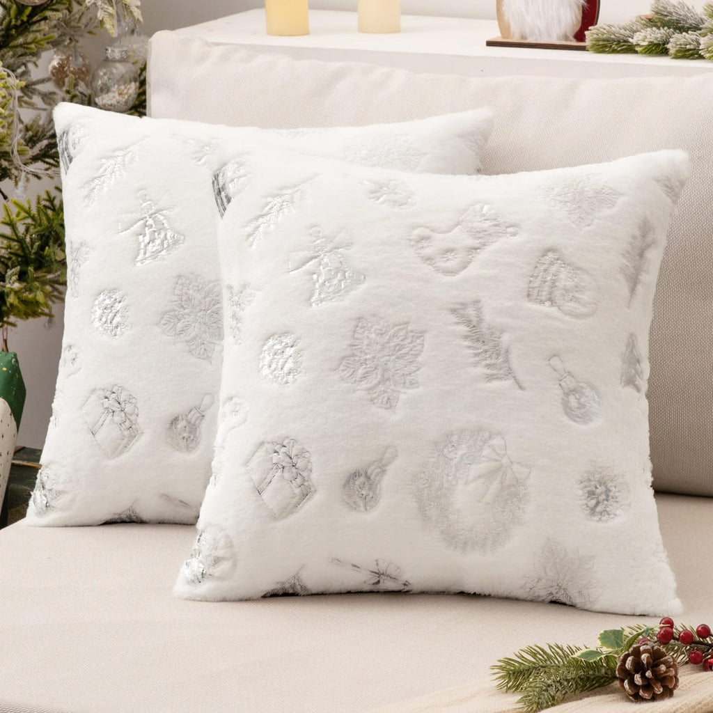 MIULEE Christmas Ivory Pillow Covers Set of 2 Snowflakes Decorative Throw Pillow Covers 18x18 Inch Soft Plush Faux Wool Pillow Covers Farmhouse Couch Pillows Home Decors for Sofa Livingroom Bed.