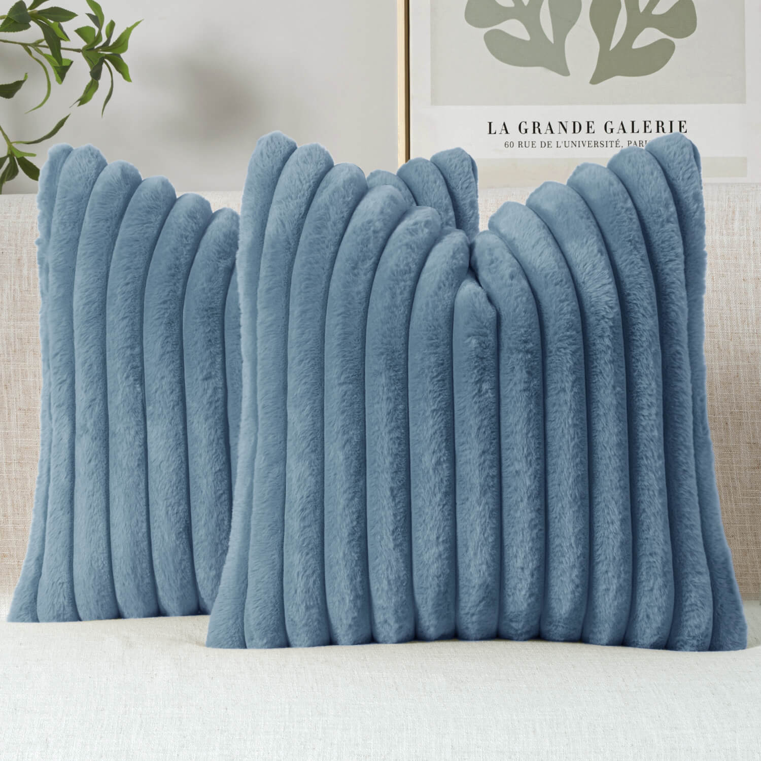 MIULEE Faux Fur Decorative Throw Pillow Covers 16x16 Inch Set of 2, Coastal Modern Art Home Decor Soft Plush Couch Pillows Cozy Fluffy Cushion Covers for Sofa Bed Grey Blue