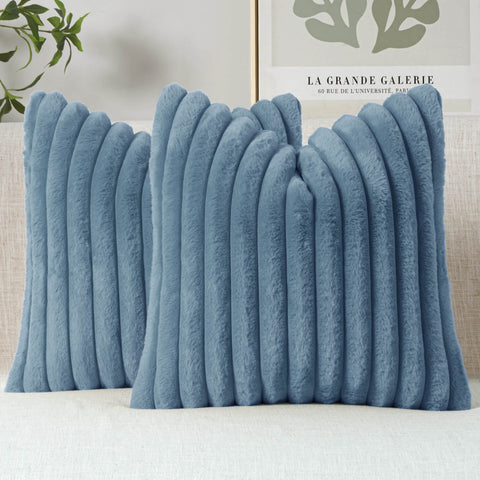 MIULEE Faux Fur Decorative Throw Pillow Covers 16x16 Inch Set of 2, Coastal Modern Art Home Decor Soft Plush Couch Pillows Cozy Fluffy Cushion Covers for Sofa Bed Grey Blue