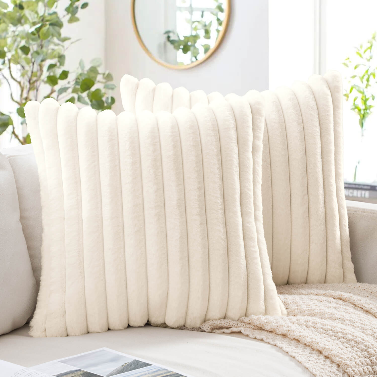 MIULEE Faux Fur Large Decorative Throw Pillow Covers 24x24 Inch Set of 2, Modern Spring Home Decor Soft Plush Couch Pillows Cozy Fluffy Cushion Covers for Sofa Bed Beige