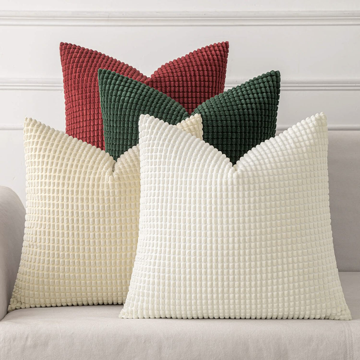 MIULEE Pack of 4 Christmas Red and Green Corduroy Decorative Throw Pillow Covers 18x18 Inch Soft Boho Couch Throw Pillows Modern Farmhouse Home Decor for Sofa Living Room Bed