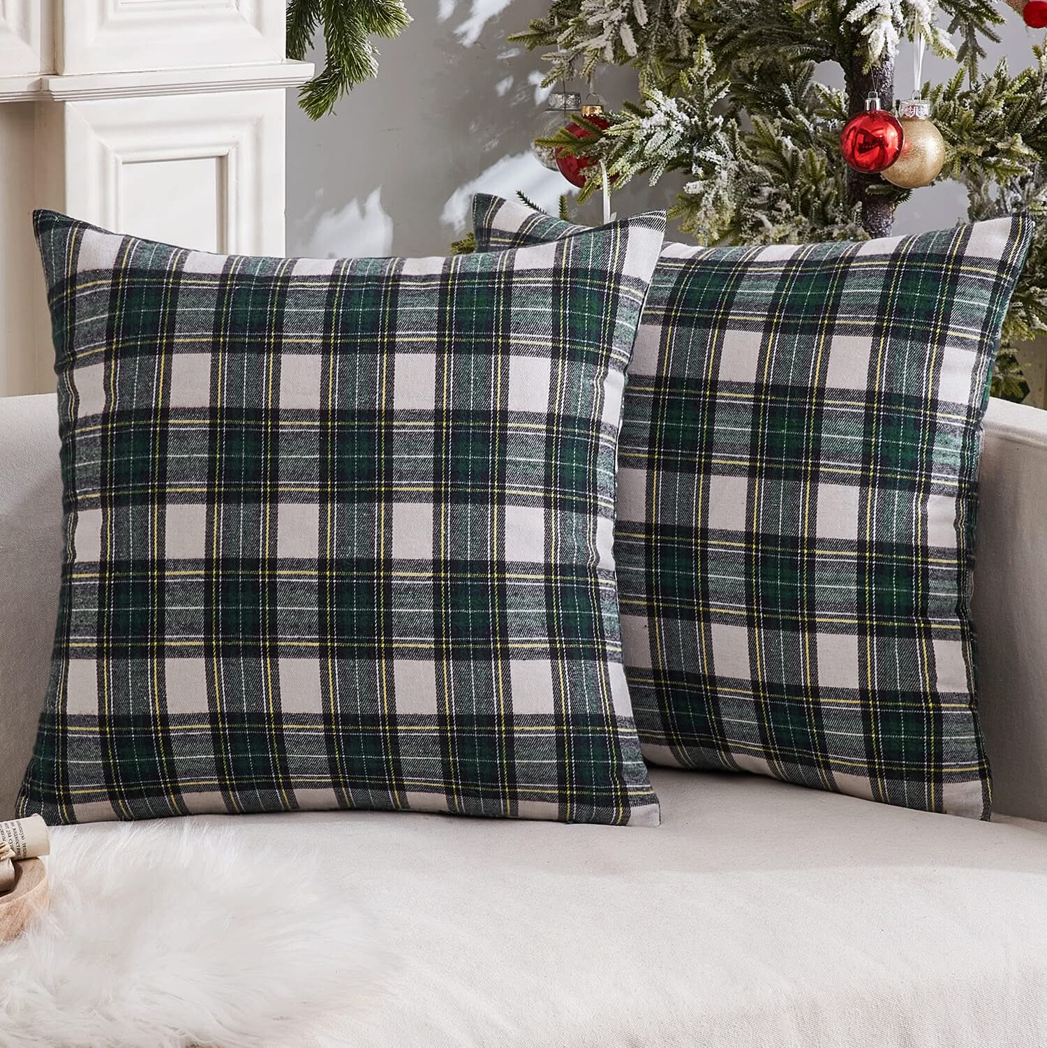 MIULEE Christmas Set of 2 Scottish Tartan Plaid Throw Pillow Covers Farmhouse Classic Decorative Square Cushion Cases for Decor Sofa Couch 18x18 Inch, Green and White