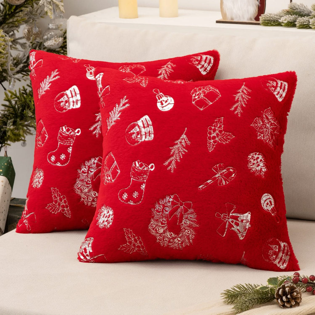 MIULEE Christmas Red Pillow Covers Set of 2 Snowflakes Decorative Throw Pillow Covers 18x18 Inch Soft Plush Faux Wool Pillow Covers Farmhouse Couch Pillows Home Decors for Sofa Livingroom Bed.